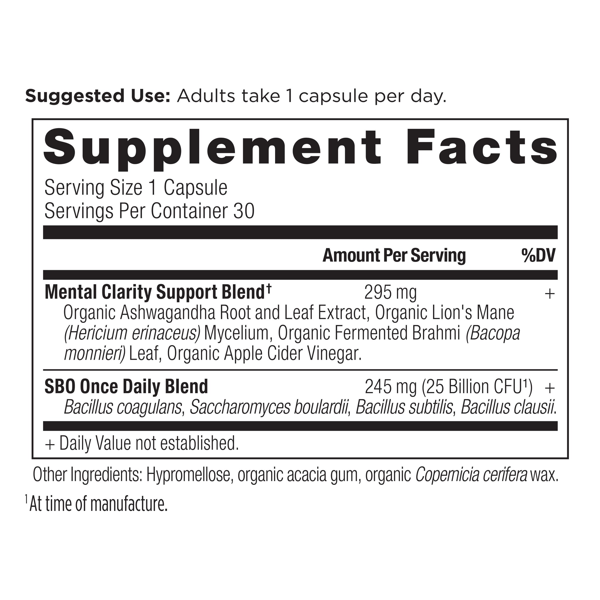 SBO probiotics mental clarity supplement label