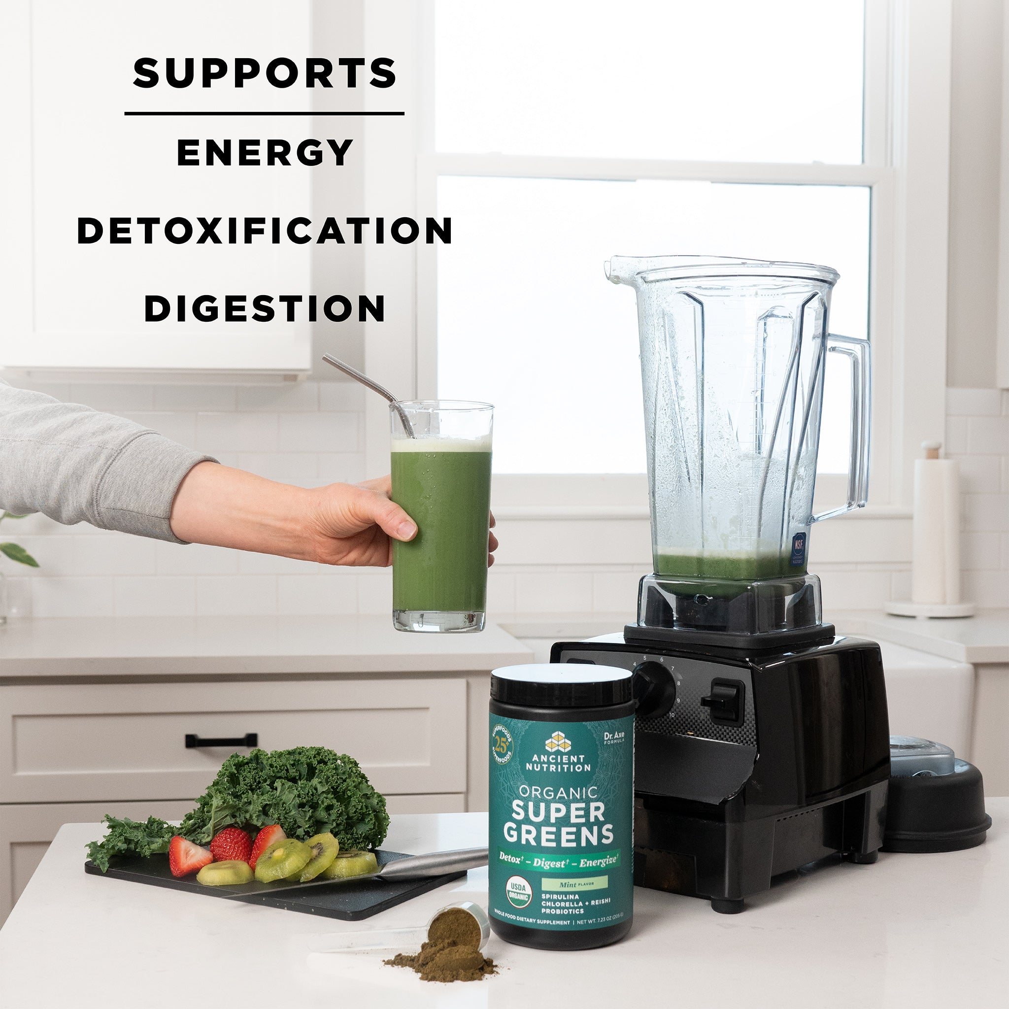 supergreens mint flavor next to a blender