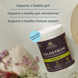 Ancient Nutrition colostrum supplement container with text about gut health on a blurred background