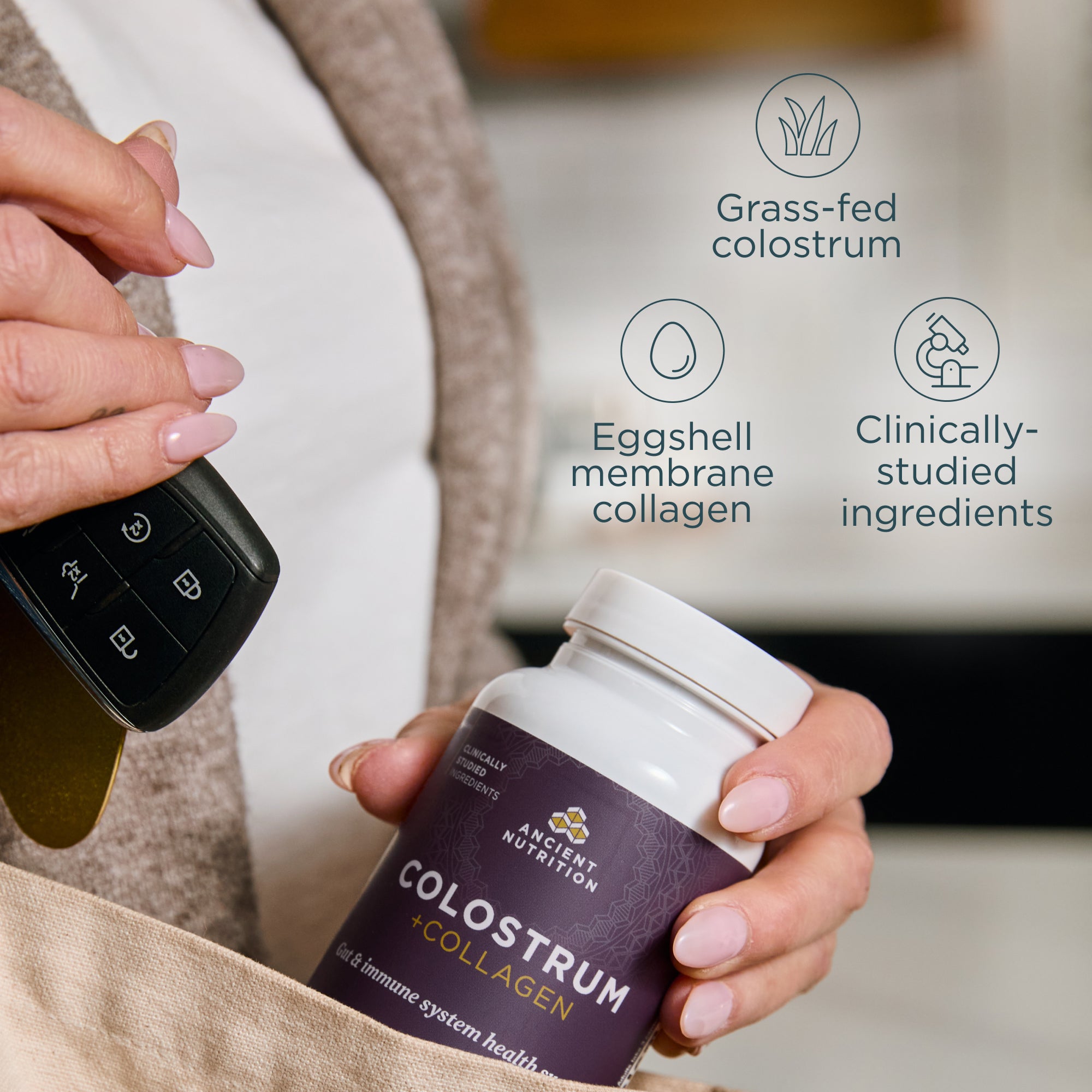 Person holding a container of 'Colostrum + Collagen' supplement with product features listed.