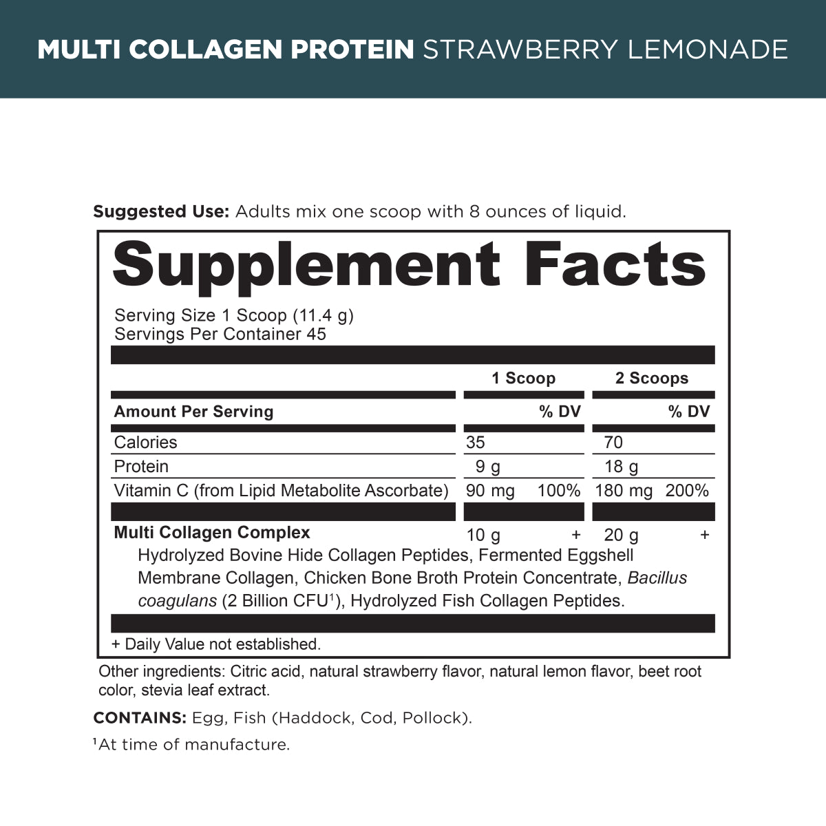 Multi Collagen Protein Powder Strawberry Lemonade supplement label
