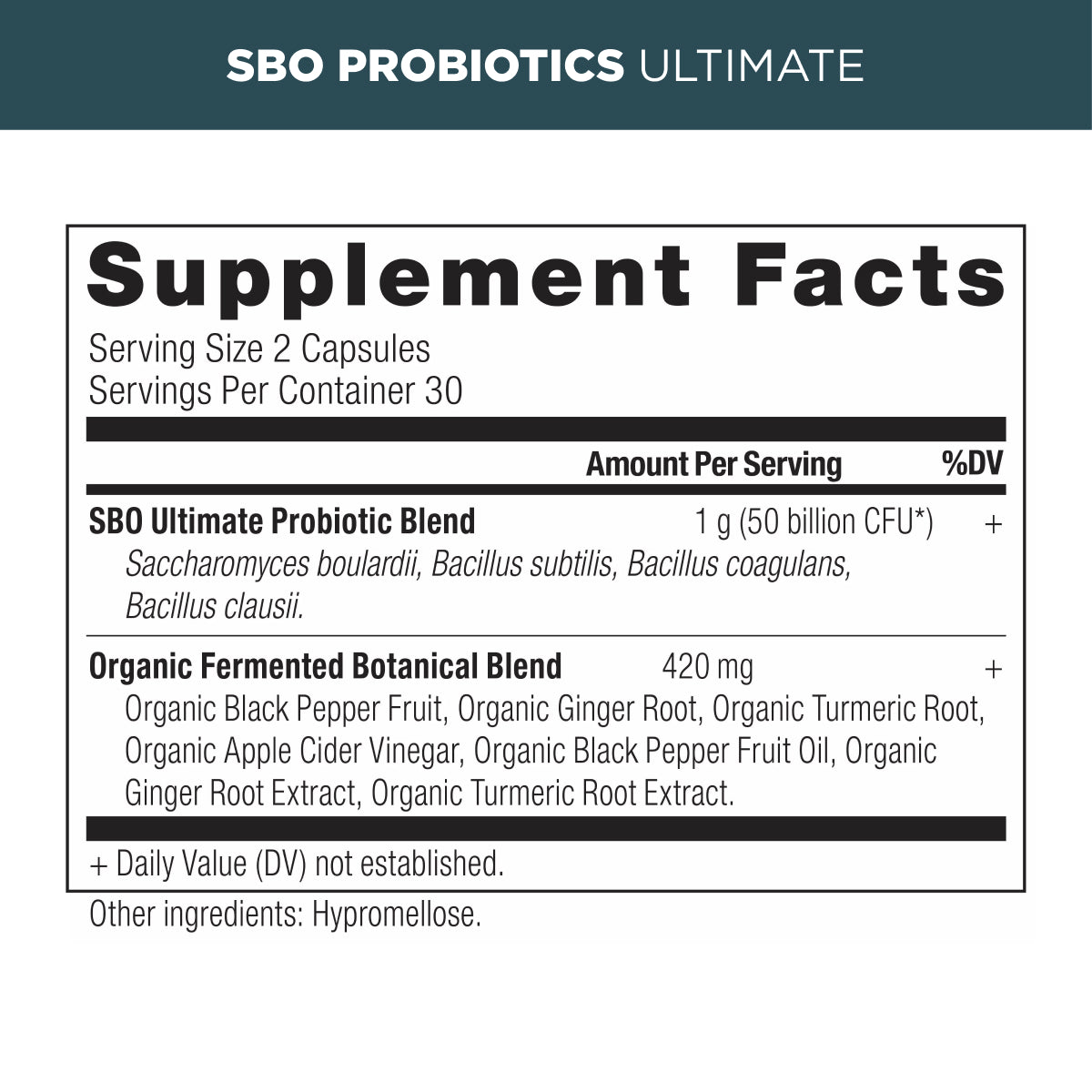 SBO Probiotics Ultimate supplement label