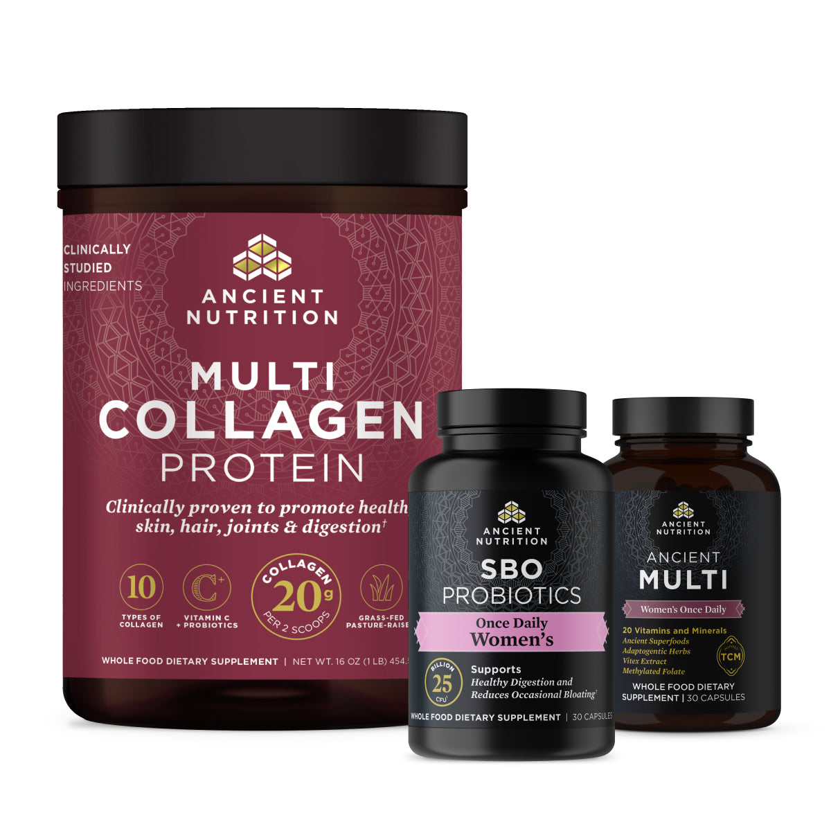 Multi collagen protein, SBO Women's Once Daily and Ancient Multi Women's Once Daily bottles
