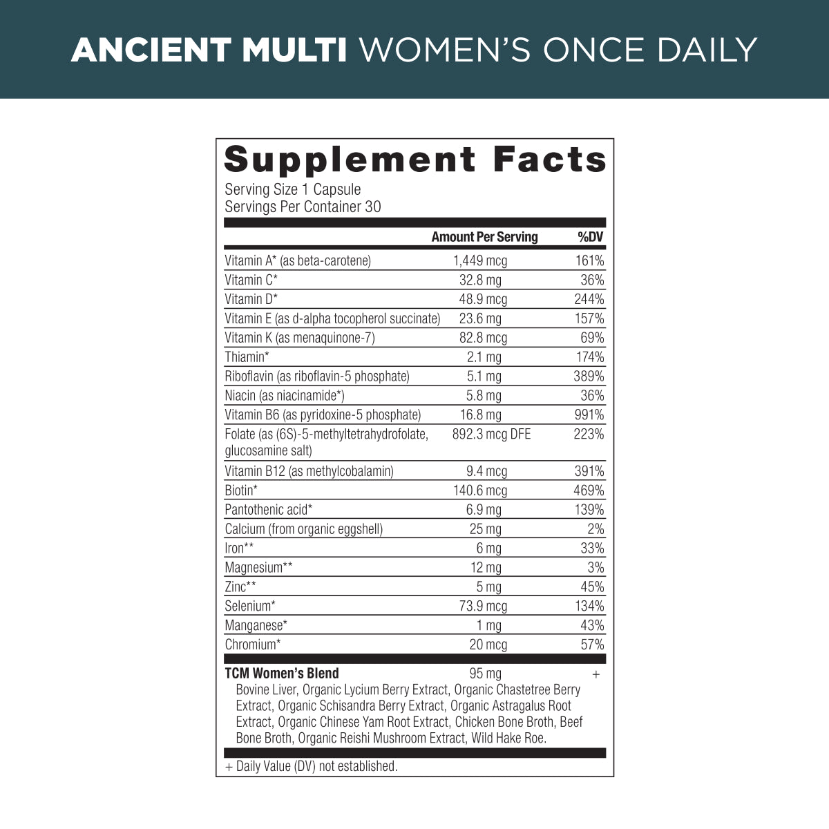 ancient multi womens once daily supplement label