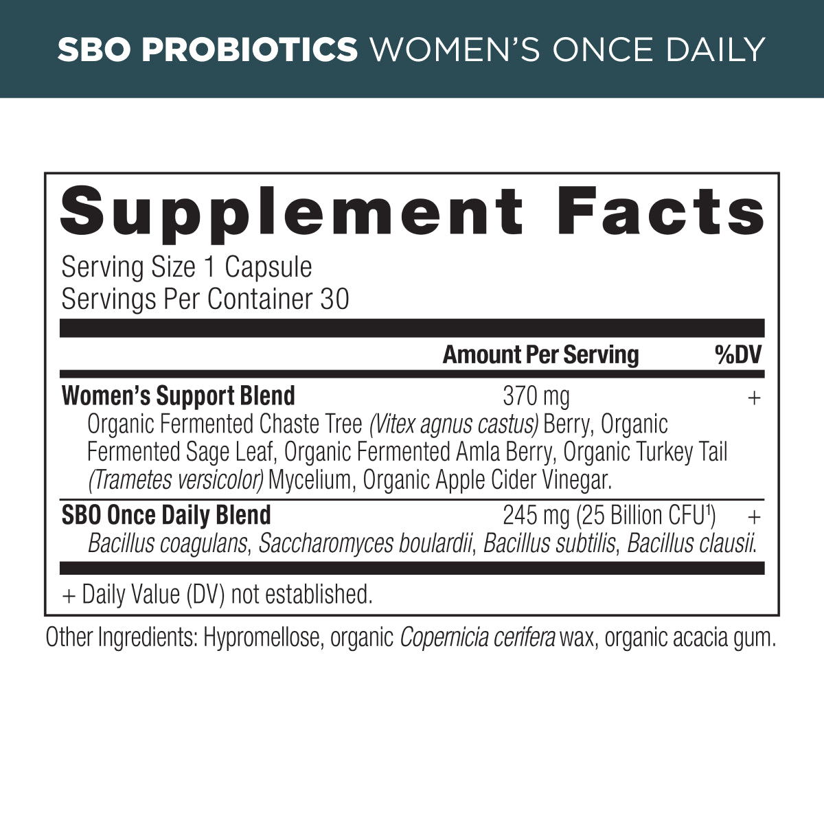 SBO Probiotics Women's Once Daily supplement label