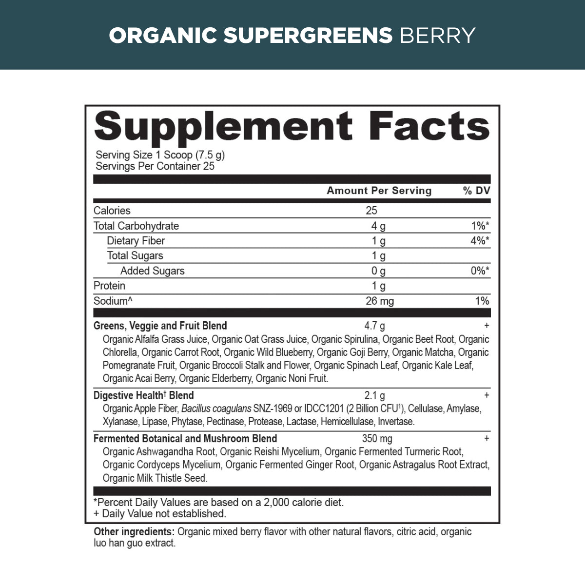 organic supergreens berry supplement label