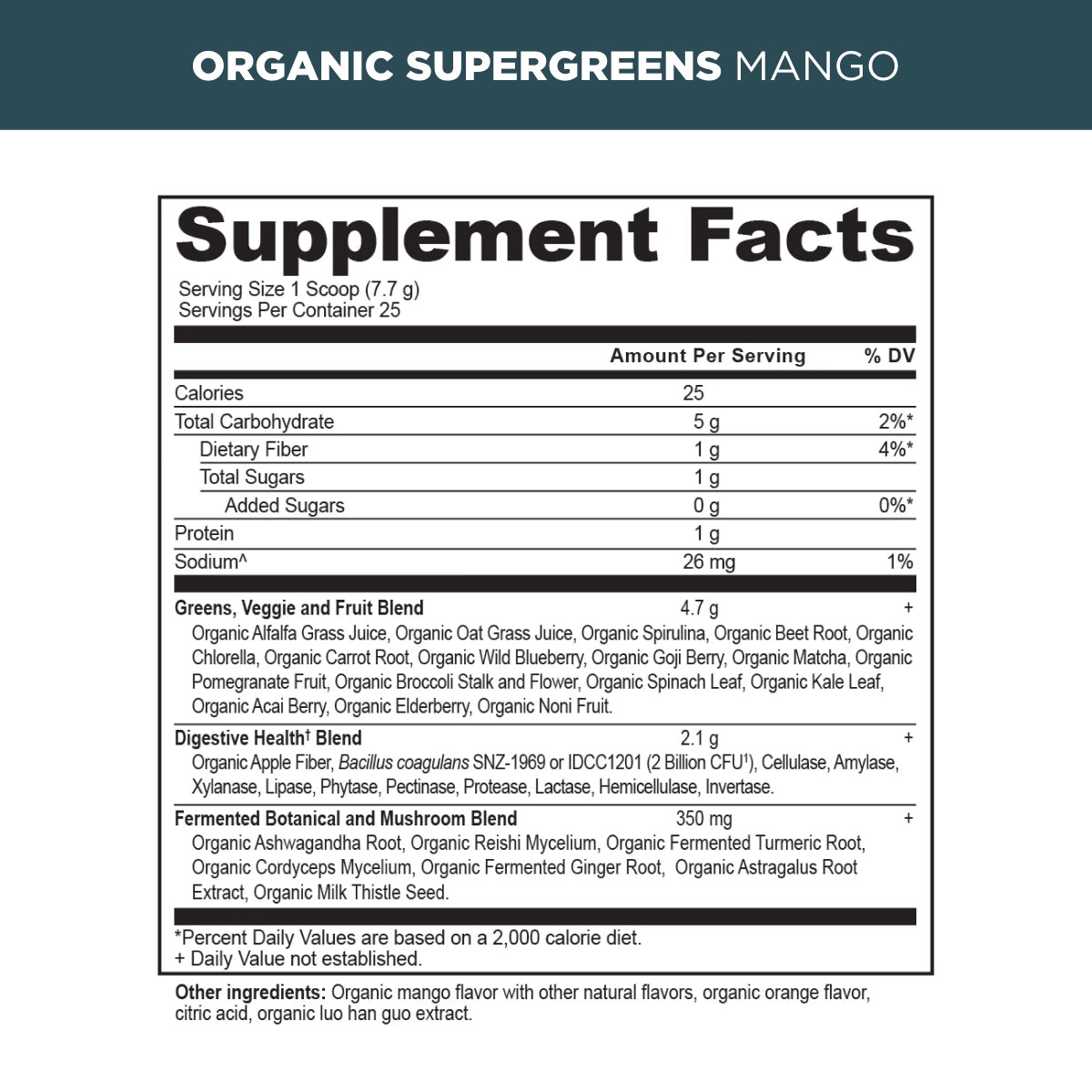 organic supergreens mango supplement label