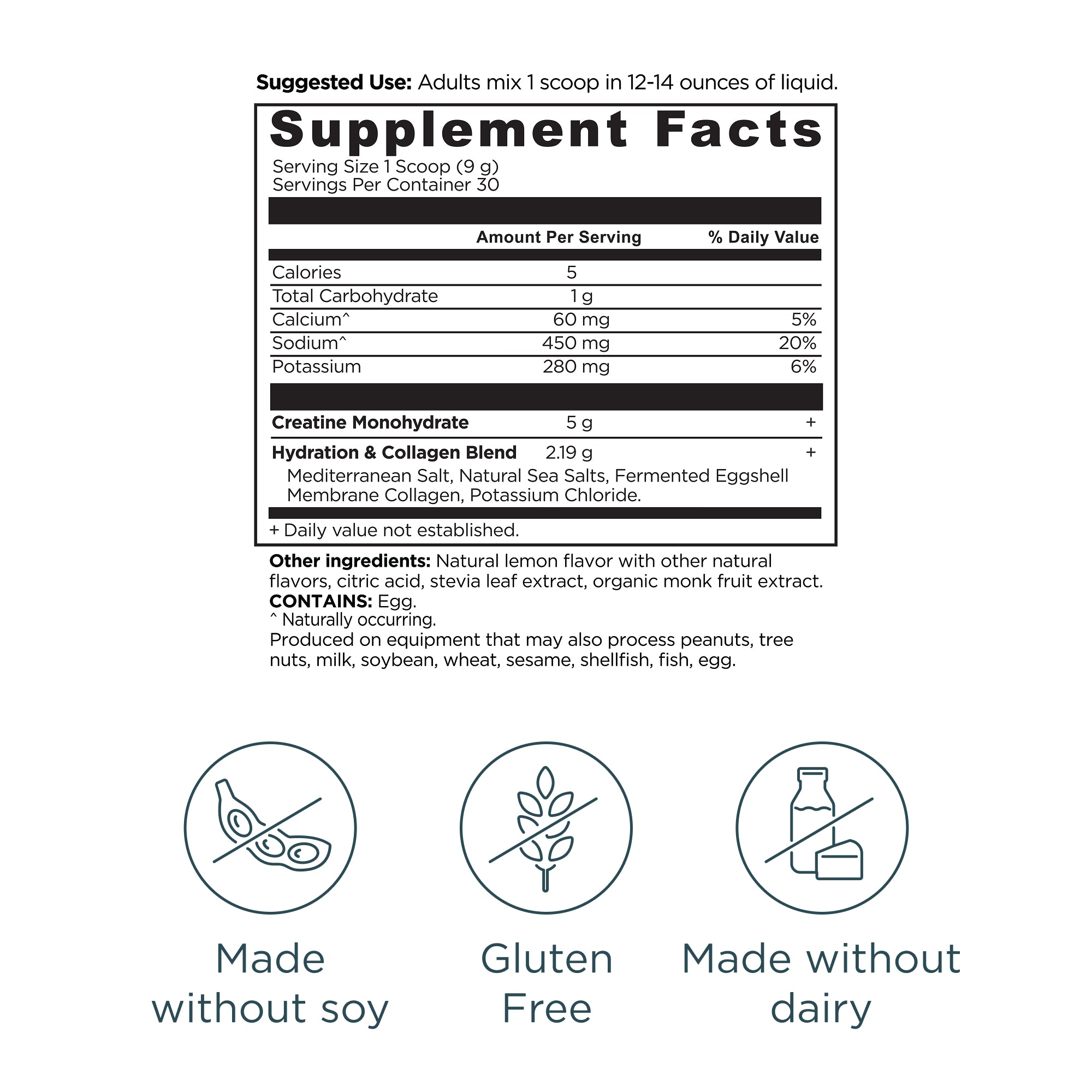 Supplement facts label with nutritional information and allergen icons on a white background