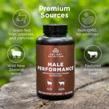 Supplement bottle labeled 'Male Performance' by Ancient Nutrition on a wooden surface with greenery in the background.