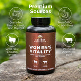 Supplement bottle labeled 'Women's Vitality' by Ancient Nutrition on a wooden surface with greenery in the background.