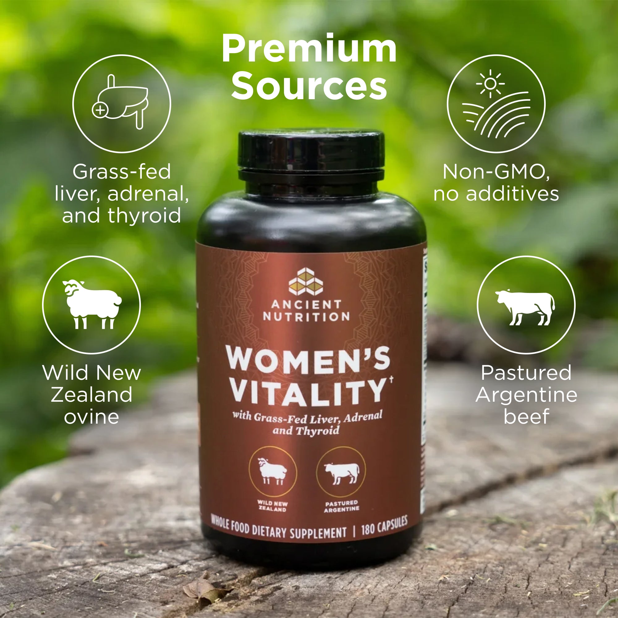 Supplement bottle labeled 'Women's Vitality' by Ancient Nutrition on a wooden surface with greenery in the background.