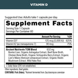 Supplement label for Vitamin D with serving size, servings per container, and supplement facts.