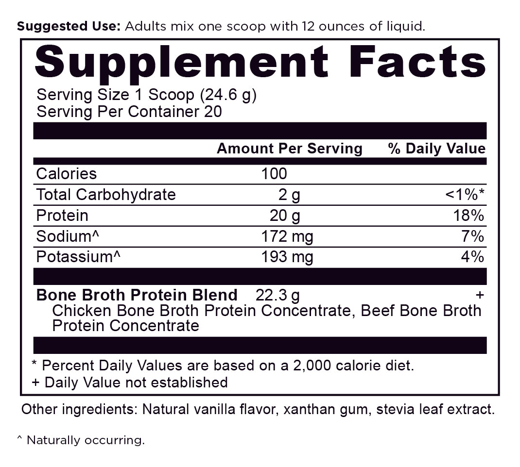 Bone Broth Protein Powder Vanilla (20 Servings) supplement label 