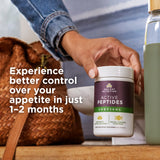 Person holding a supplement container labeled 'Active Peptides' with text about appetite control.
