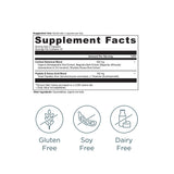 Supplement facts label with icons indicating gluten-free, soy-free, and dairy-free status on a white background.