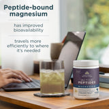 Supplement container labeled 'Active Peptides Magnesium' on a desk with a glass of iced tea.