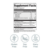 Supplement facts label with nutritional information and free-from icons on a white background
