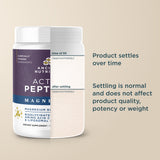Two containers of Ancient Nutrition Active Pept Magnesium on a beige background with text about product settling.