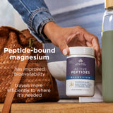 Person holding a container of Active Peptides Magnesium supplement with text about peptide-bound magnesium.