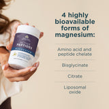 Person holding a supplement container with text about magnesium forms on a beige background