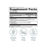 Supplement facts label with nutritional information and dietary free icons on a white background