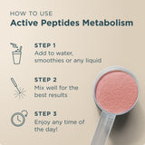 Instructions on how to use active peptides metabolism with a scoop of pink powder.