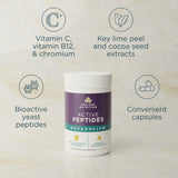 Supplement container labeled 'Active Peptides' with text detailing ingredients on a beige background