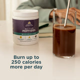 Container of Active Peptides supplement next to a glass of chocolate drink on a table.