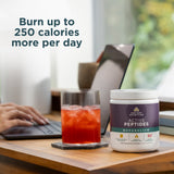 Person working on a laptop with a glass of iced tea and a container of Active Peptides on a desk.