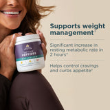 Woman holding a container of Ancient Nutrition Active Peptides with text about its benefits on a beige background