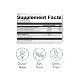 Supplement facts label with icons for gluten, soy, and dairy-free status on a white background.