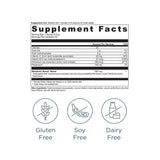 Supplement facts label with nutritional information and free-from icons on a white background