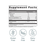 Supplement facts label with nutritional information and free-from icons on a white background