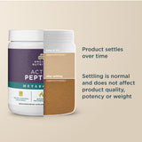 Supplement container with text about product settling on a beige background