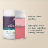 Supplement container with text about product settling on a beige background