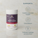 A bottle ofActive Peptides CoQ10 Capsule (30 Servings) on a light marble background, with text and icons on the right listing supported benefits: cardiovascular health, circulation, and cellular energy production.