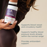 A person holds a white and purple bottle Active Peptides CoQ10 Capsule (30 Servings) with text callouts on the right detailing its health benefits.