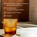 a copper glass with Active Peptides Glutathione + NMN Capsule (30 Servings) product benefits listed