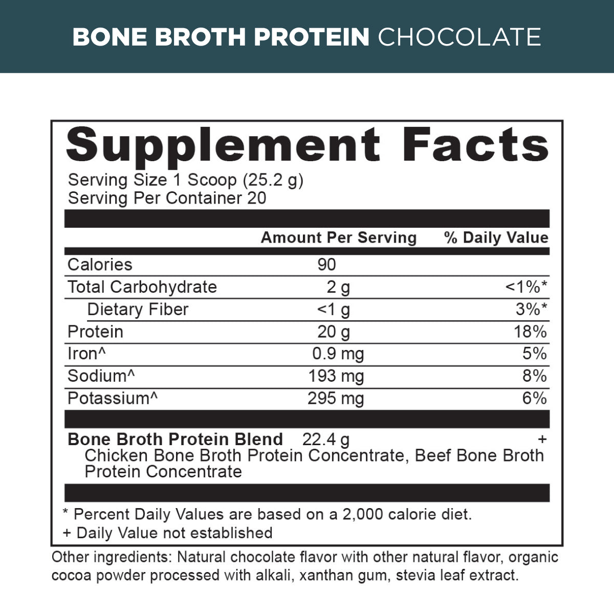 Bone broth protein powder chocolate supplement label