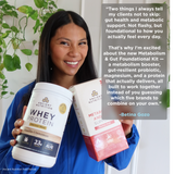 Betina Gozo holds two Ancient Nutrition products, a white tub of Vanilla Cinnamon Whey Protein and a box of Metabolism and gut support variety packs, in front of a green plant. A quote overlay is on the right side.
