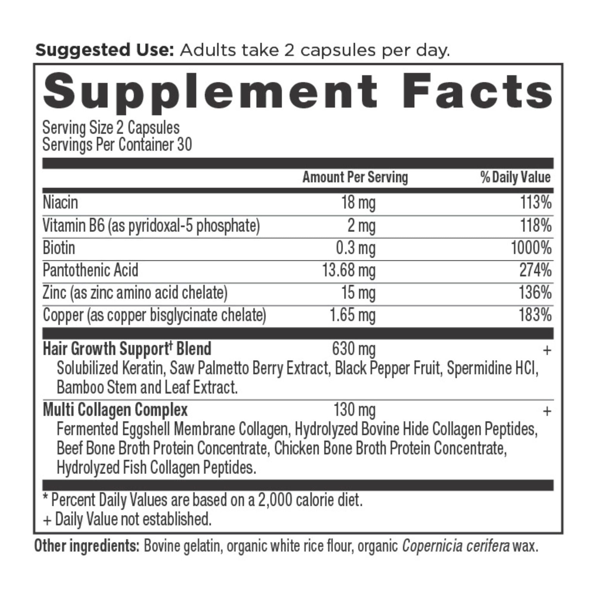 Hair Growth + Collagen Capsules supplement label