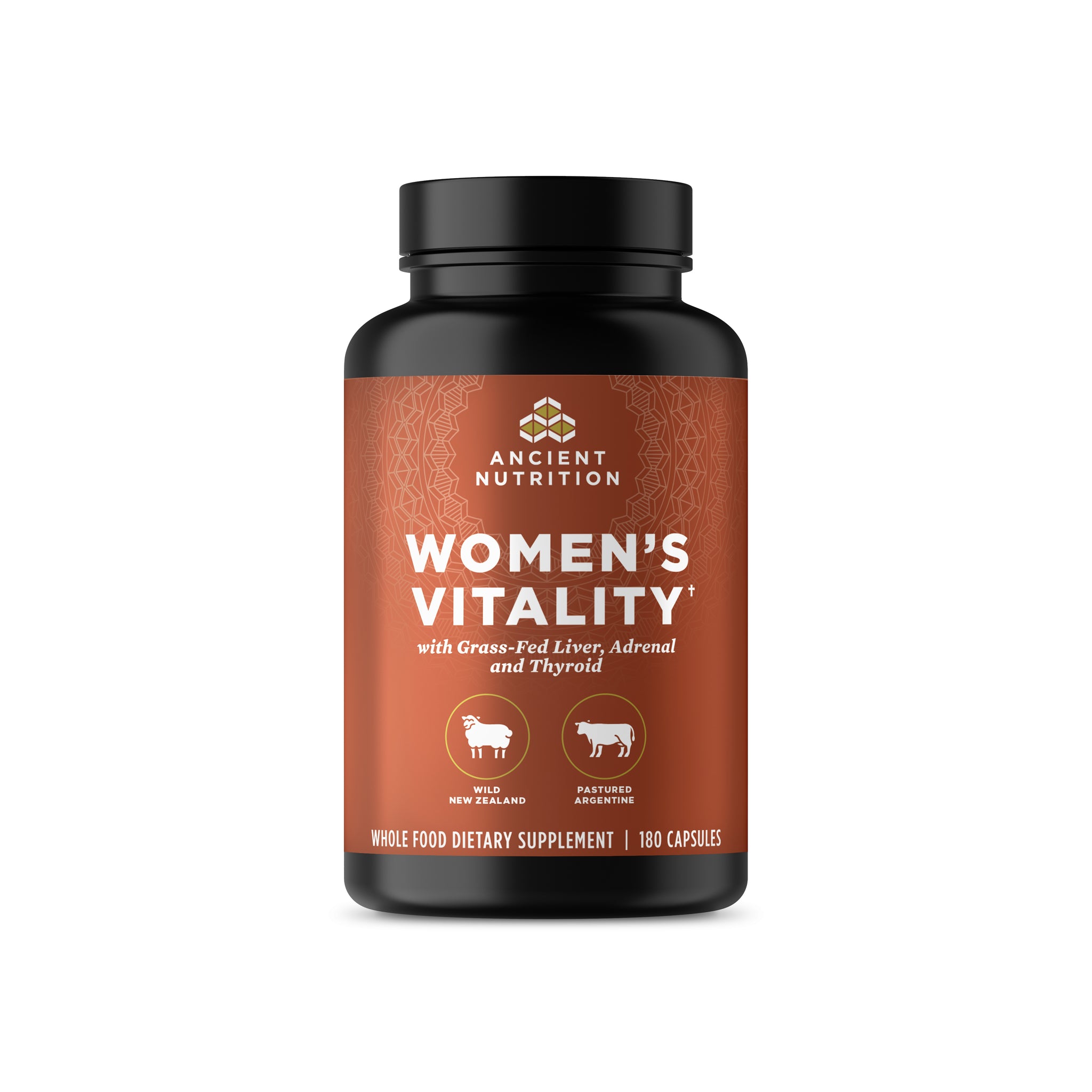 Supplement bottle labeled 'Women's Vitality' by Ancient Nutrition on a white background