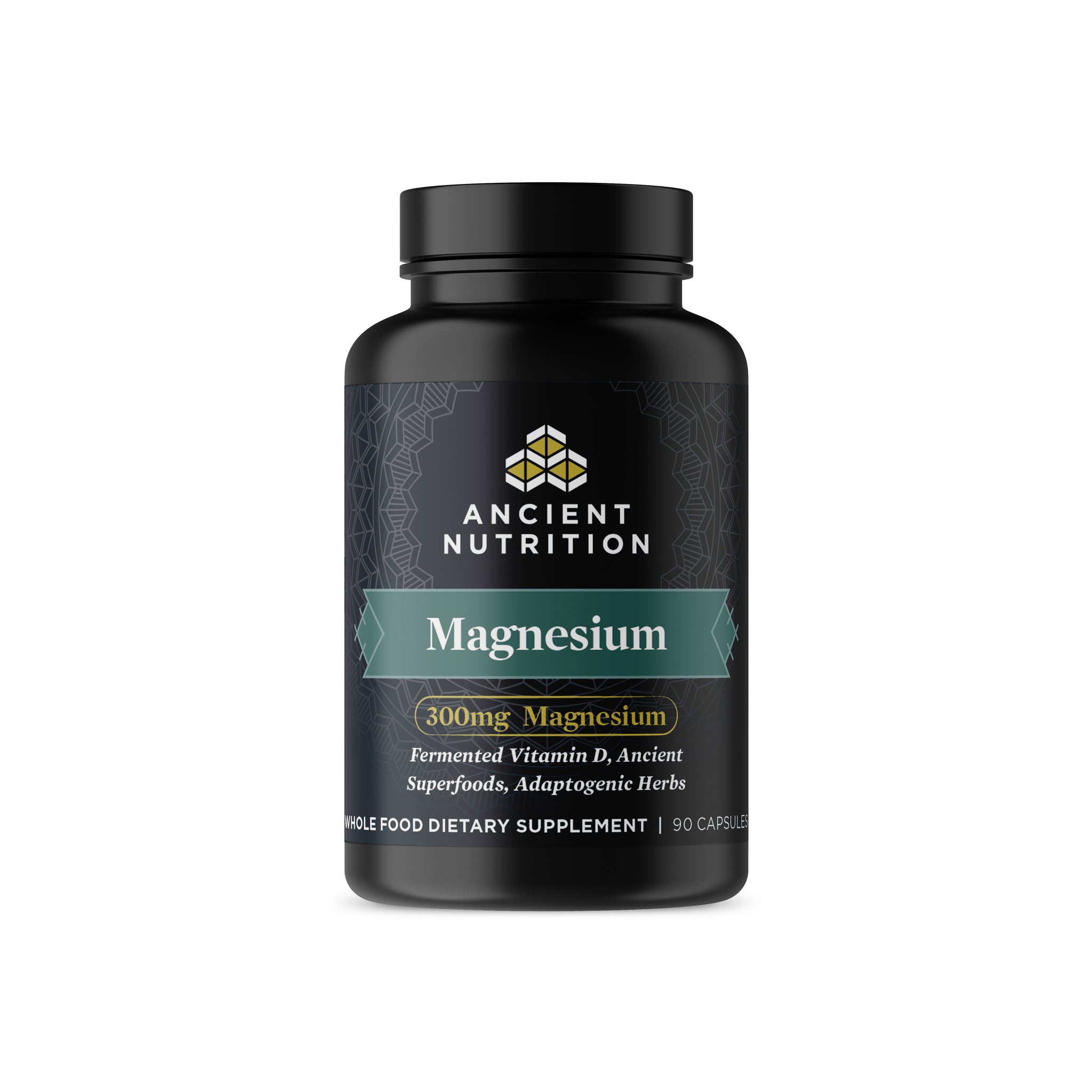 Black supplement bottle labeled 'Ancient Nutrition Magnesium' on a white background