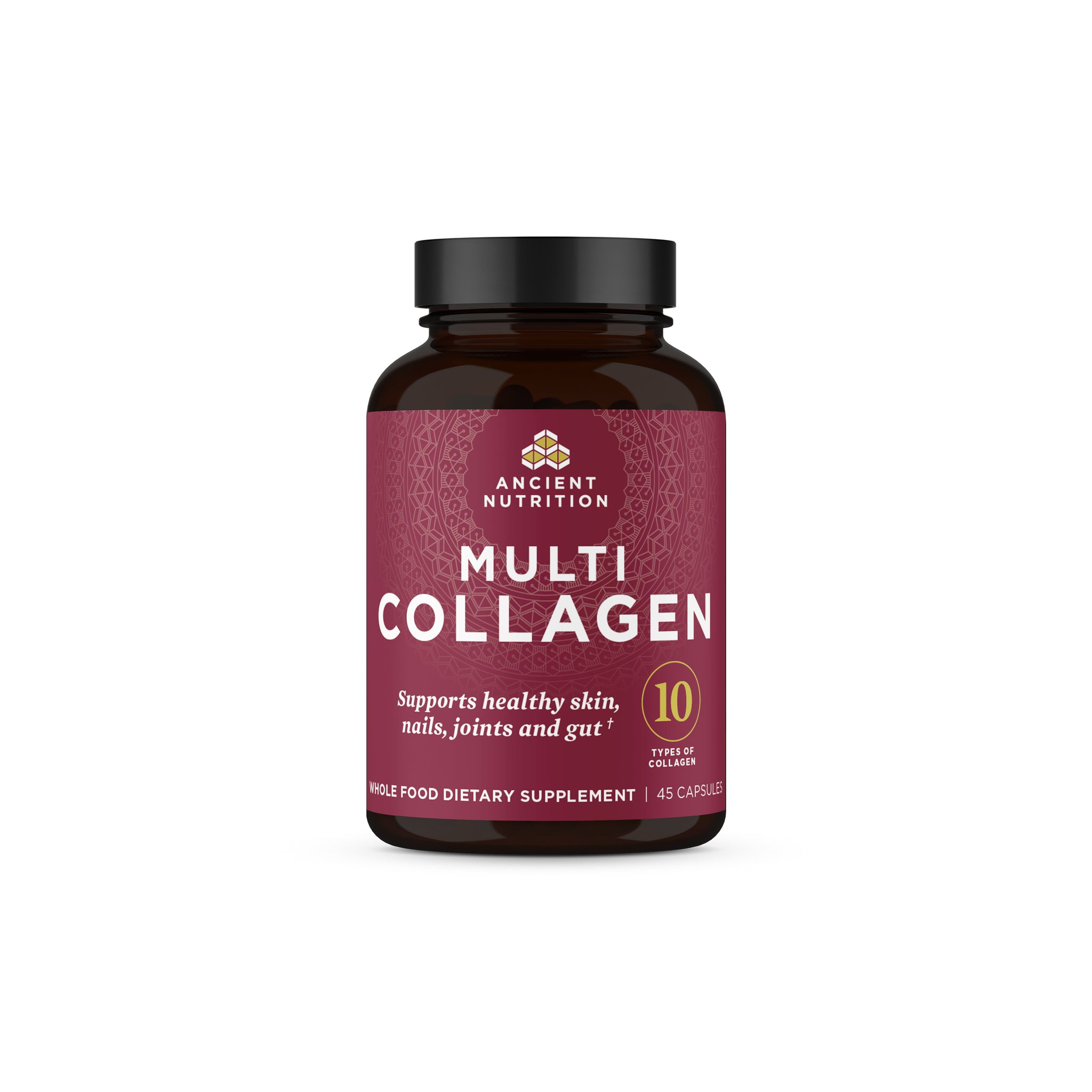 Multicollagen supplement bottle with maroon label on a white background