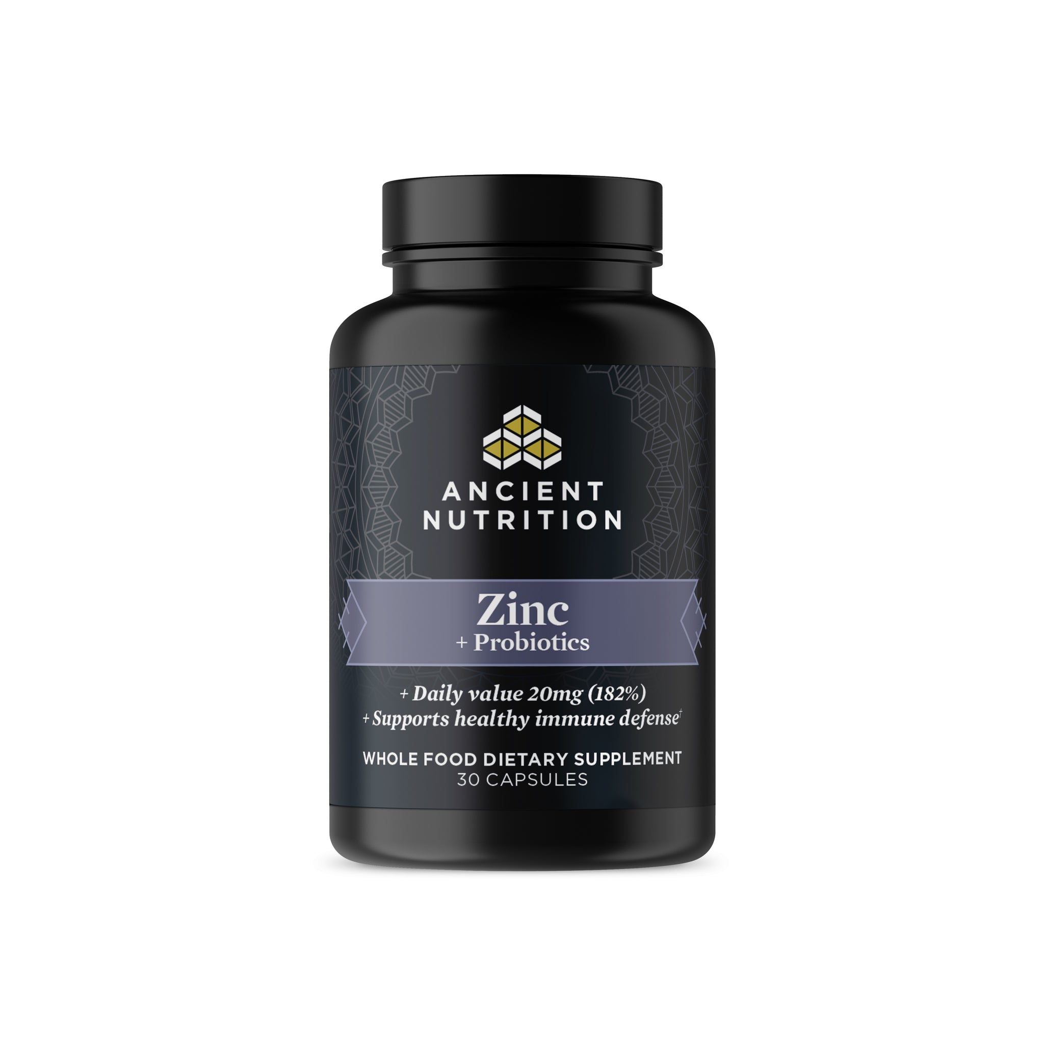 Black supplement bottle labeled 'Ancient Nutrition Zinc + Probiotics' on a white background