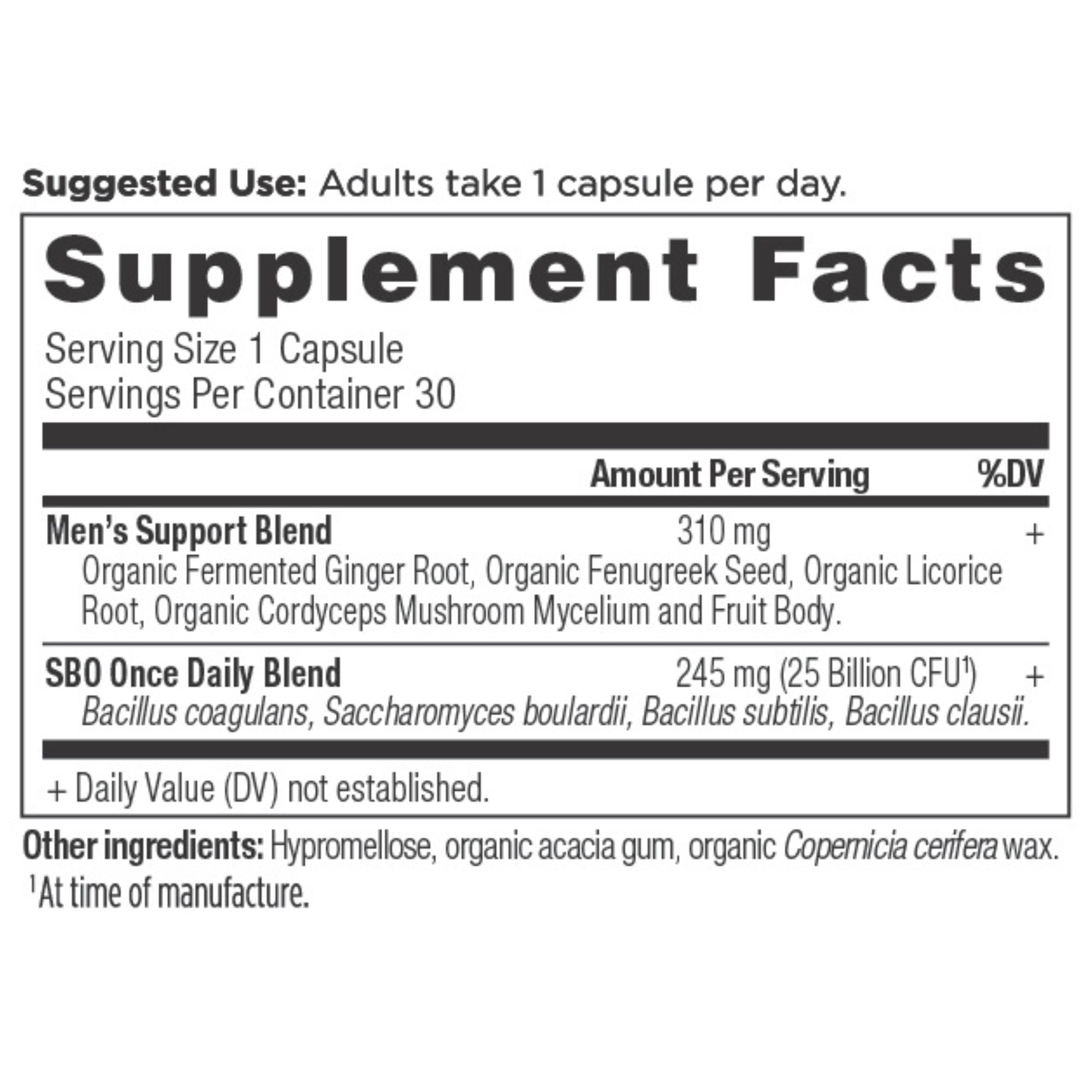 SBO Probiotics men's once daily supplement label