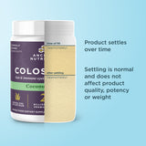 Ancient Nutrition Colostrum Powder Coconut Lime Flavor (60 Servings) supplement bottle shown on a light blue background with explanatory text about settling powder over time.