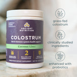 Colostrum Powder Coconut Lime Flavor (60 Servings) container shown on a marble surface with three feature callouts on the right.