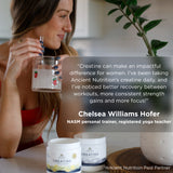 Woman holding a glass of water with a quote from Chelsea Williams Hofer about creatine supplements.