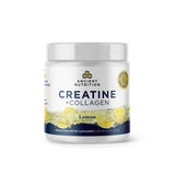 Supplement container labeled 'Creatine + Collagen' with lemon flavor on a white background